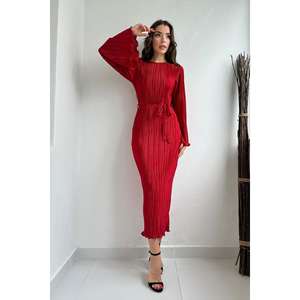 Vestido de Fiesta Largo Rojo para Mujer al por Mayor con Mangas Estilo Español, Cuello Alto, Plisado, Corte A y Cintura Imperio, Hasta el Suelo - Product Image 4