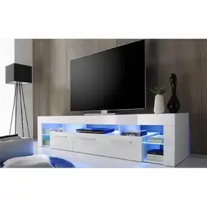 White TV Stand Wooden TV Cabinet White with High Gloss UV Front Skirt Board LED Lamp