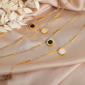 Mode tour de cou bijoux collier plaqué or en acier inoxydable coquille de mer double face coquille ronde pendentif collier pour les femmes