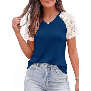 Camiseta de Verano para Mujer FOXA, con Manga Raglán de Encaje, Estilo Casual, Básica, Transpirable, de Algodón Tejido, Blusa de Moda Primavera - Product Image 3