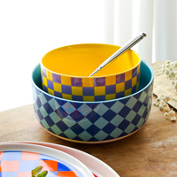 Service de table en porcelaine fine LovingHome, motif damier multicolore classique européen, avec logo, vente en gros personnalisée, bol en céramique