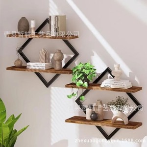 Étagère murale en bois à double niveau de forme géométrique pour articles décoratifs de salon et de maison - Product Image 3