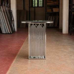 Square Cocktail <b>Table</b> for Wedding Planners with Silver Stainless Steel Vertical Rod Base and <b>Mirrored</b> Tempered Glass Top - Product Image 2