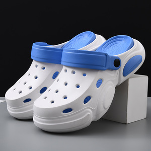Men's <b>Clogs</b> Summer Outdoor Wear Non Slip Thick Soled Height Increasing Breathable Beach Sandals White Blue Color Blocking - Product Image 1