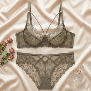 Conjunto de lencería de encaje con aros y bragas para mujer, transparente, romántico, transpirable, tallas grandes, venta al por mayor - Product Image 2