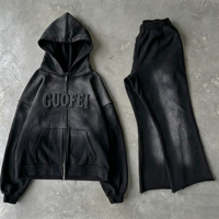 Ensemble de survêtement Ouna personnalisé délavé à l'acide, sweat à capuche zippé et pantalon de jogging évasé avec broderie en tissu éponge pour homme