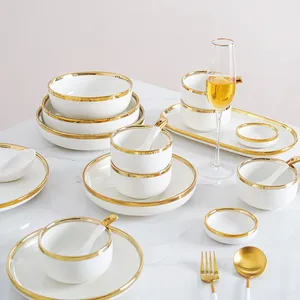 Plato de borde dorado de porcelana blanca nórdica, juegos de platos con borde dorado de lujo, <span class=keywords><strong>vajilla</strong></span> de cerámica para Cena - Product Image 4