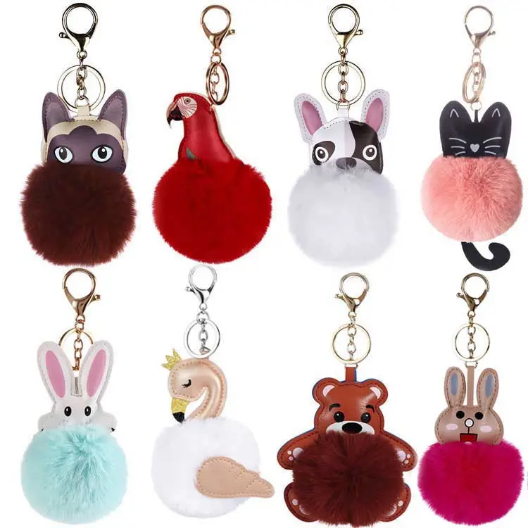 Cute Animal Pom Pom Keychain Faux Fur Fluffy Key Ring for Women Girls Animal Key Chain Bag Car Keyring