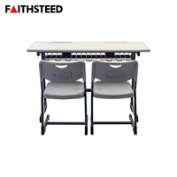 Set Meja dan Kursi Sekolah Ganda untuk Dua Siswa, Tinggi Dapat Disesuaikan, Meja Kelas 2 Tempat Duduk, Furnitur Sekolah Modern dengan Keranjang Penyimpanan