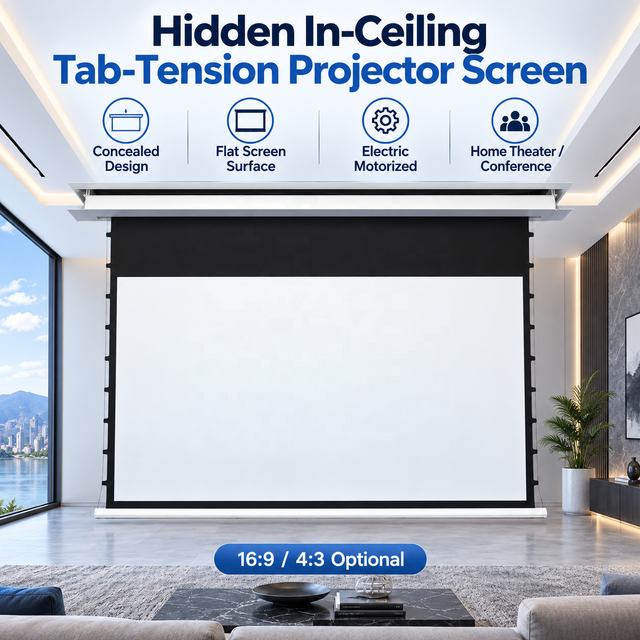 100 Inch Hidden In-Ceiling Tab Tensioned Projector Screen Motorized Electric Cinema Projector Screen for Home Theater