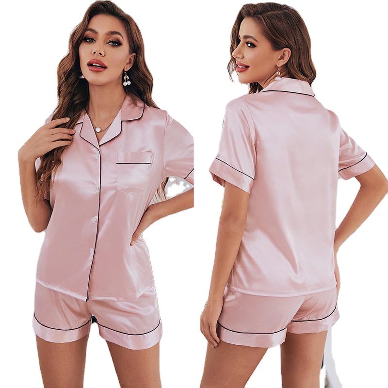 Custom Summer Women's Sleepwear Short Sleeve Nightwear Silk Pajamas Suit Two Piece Satin Pajama Set for Women Satin Pajamas