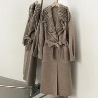 OFTBUY Neuer Winter-Mantel für Damen mit Gürtel, Langer Woll-Alpaka-Mix-Mantel, Übergroßer Echtfell-Kragen, Wickel-Maxi-Jacke