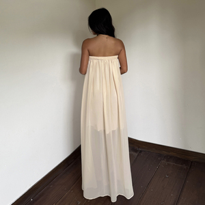 Robe longue décontractée minimaliste en tissu uni tissé, coupe trapèze fluide, sans bretelles, style bandeau, écologique, pour femme, plage et villégiature - Product Image 4