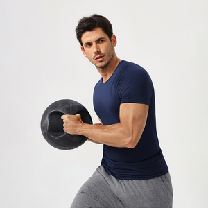 XW-51232 nouvelle mode léger hommes solide survêtement porter 3D coupe ligne de démarcation haut de gymnastique coupe ajustée à manches courtes chemise de sport - Product Image 4