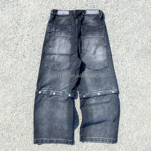 Men's Denim <b>Jeans</b> Wholesale Custom Sun Faded Denim Pants Heavyweight Distressed Detachable <b>Button</b> Denim Shorts Baggy Denim Pants - Product Image 2