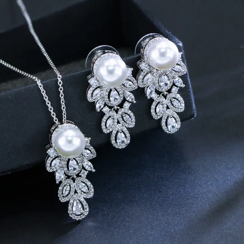 Ensemble de boucles d'oreilles de luxe en argent Sterling S925, collier de perles de coquillage, ensemble de perles de mariée coréenne, chaîne