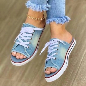 <span class=keywords><strong>Zapatillas</strong></span> Planas de Lona para Mujer, con <span class=keywords><strong>Cordones</strong></span>, Punta Abierta, Nuevas, Casuales, de Moda, de Mezclilla, para la Playa, Tallas Grandes 35-43 - Product Image 1
