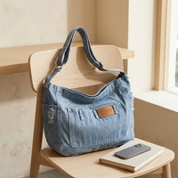 Sac à bandoulière en jean pour femme, sac à main décontracté avec poche avant, coutures patchwork, sangle réglable, idéal pour les voyages et le shopping