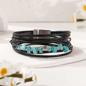 Turquoise <b>Leather</b> <b>Bracelet</b> White Label PVD Coating Durability Holiday Gift for Women 18k Gold Plated Color - Product Image 2
