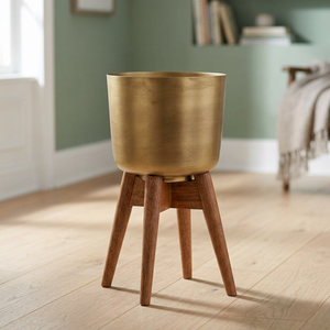Maceta Moderna de Latón con Soporte de Madera, Minimalista, para Decoración del Hogar - Product Image 2