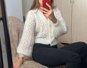 Mohair – Cardigan en soie de couleur blanche, Cardigan court en Jacquard ajouré <span class=keywords><strong>avec</strong></span> boutons en <span class=keywords><strong>perles</strong></span> naturelles - Product Image 2