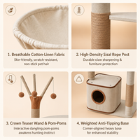 Arbre à chat moderne en bois massif avec poteaux à gratter en corde de sisal, emballage carton, hamac pour chat, plateformes multi-niveaux, OEM/ODM