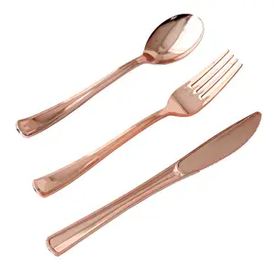 High Quality disposable party tableware plastic spoon fork knife set rose gold party tableware