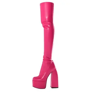 Popular round toe chunky heel ladies high heels platform boots tight to leg stretchy high high boots women shoes