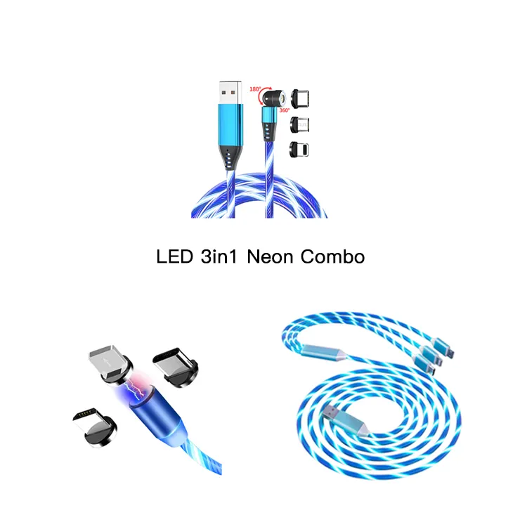 Cabo usb combo 2 conjunto de cabos 3 em 1, cabos carregadores magnéticos com luz de led tipo c, micro settpower uc001