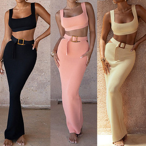 Conjunto de 2 piezas de punto elegante para mujer, conjunto de falda larga de verano 2024 para mujer, para mujer - Product Image 2