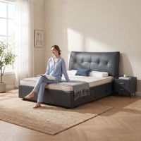 Lit de rangement moderne à tiroirs hauts, taille double, structure en bois de pin, rembourrage en cuir véritable, confortable et spacieux, avec compartiment sous le lit, à vérins à gaz