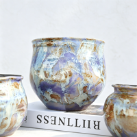 Vas Keramik Ungu Rustic Jossin, Pot Bunga Vintage Berlapis Kilap dengan Lubang