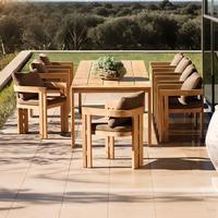 Ensemble de salle à manger d'extérieur en teck moderne pour villa/patio, coussins imperméables à séchage rapide, couleur personnalisée, construction durable résistante aux UV