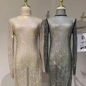 Autumn New Shiny Sexy Colorful Crystals Dress Hollow Out See-through Evening Dress High Collar Mid-Length Rhinestone Slim Dress