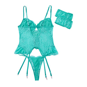 <span class=keywords><strong>Ensemble</strong></span> de lingerie sexy ajouré <span class=keywords><strong>grande</strong></span> <span class=keywords><strong>taille</strong></span> trois pièces en tissu polyester Dobby avec <span class=keywords><strong>porte</strong></span>-jarretelles en dentelle couleur émeraude ODM - Product Image 1