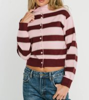 Cardigan en tricot décontracté pour femme, personnalisé, à rayures, col montant roulé, boutonné sur le devant, manches longues, ourlet côtelé, coupe courte - Fabricant