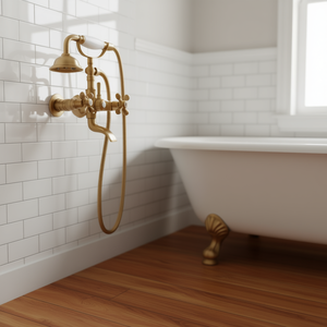 Robinet de baignoire vintage doré brossé à fixation murale, 3 trous, 2 poignées, kit de douche à jet pluie - Product Image 2