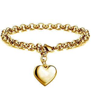 Heart Charm <b>Bracelet</b> 14mm Steel Gold Chain Unisex Everyday Wear Jewelry - Product Image 5