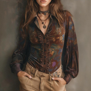 Camicette Casual <span class=keywords><strong>in</strong></span> <span class=keywords><strong>Velluto</strong></span> a Maniche Lunghe di Alta Qualità, Stile Vintage Floreale per <span class=keywords><strong>Donna</strong></span>, Maniche a Balze Traspiranti per Autunno/Primavera - Product Image 2
