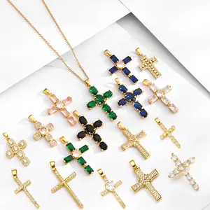 Fashion Cross Charm Pendant Brass Gilding Crystal Religion Pendant Jewelry Women Necklace