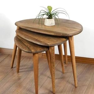 Juego de 3 Mesas Auxiliares Modernas de Mediados de Siglo, de Madera de Nogal Sólido, con Superficie de Mesa Pebble, para Sala de Estar, Regalo de Inauguración de Casa - Product Image 4