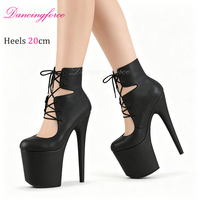 Stivaletti con Plateau e Tacco Alto 20cm 8 Pollici, Nero Opaco, Stile Romano, Allacciatura Frontale, Scarpe da Pole Dance per Donne