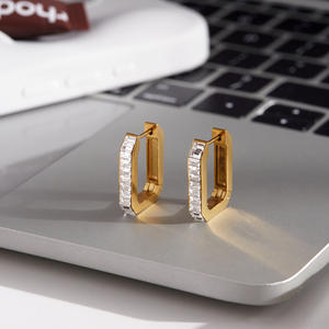 Pendientes <span class=keywords><strong>de</strong></span> Aro Rectangulares <span class=keywords><strong>de</strong></span> Acero Inoxidable Brillante con Diamantes, Pendientes Huggie para Mujer - Product Image 5