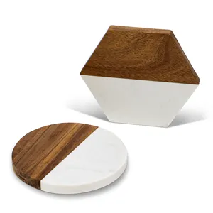GL Sechseckige Form Weißer Marmor und Holz Tee Untersetzer Set Hersteller Hochwertige Holz und Marmor Tischplatte Tee Kaffee Untersetzer