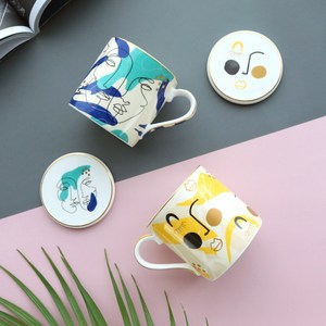 Minimalist Ceramic <b>Tea</b> Cup with Lid and <b>Infuser</b> - Abstract Face Art Coffee <b>Mug</b> - Product Image 4