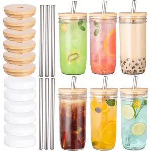 Hot Selling Wide Mouth Bamboo Lids Drinking Glasses With Glass Straw Glass Tumbler for Juice Coffee Milkshake Jam Juices