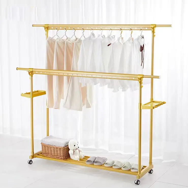 Metal Laundry Dryer Hanger Outdoor Dry Clothes Rack Double Pole Cloth Drying Rack With Wheel