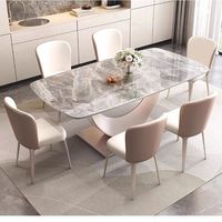 Ensemble de table à manger moderne avec plateau rectangulaire en pierre frittée et 6 chaises ergonomiques en cuir