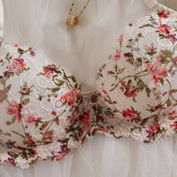 Ensemble de lingerie sexy pour femme, imprimé floral Monet, dentelle à cils, détails ajourés, soutien-gorge push-up et string, vente en gros, personnalisation OEM