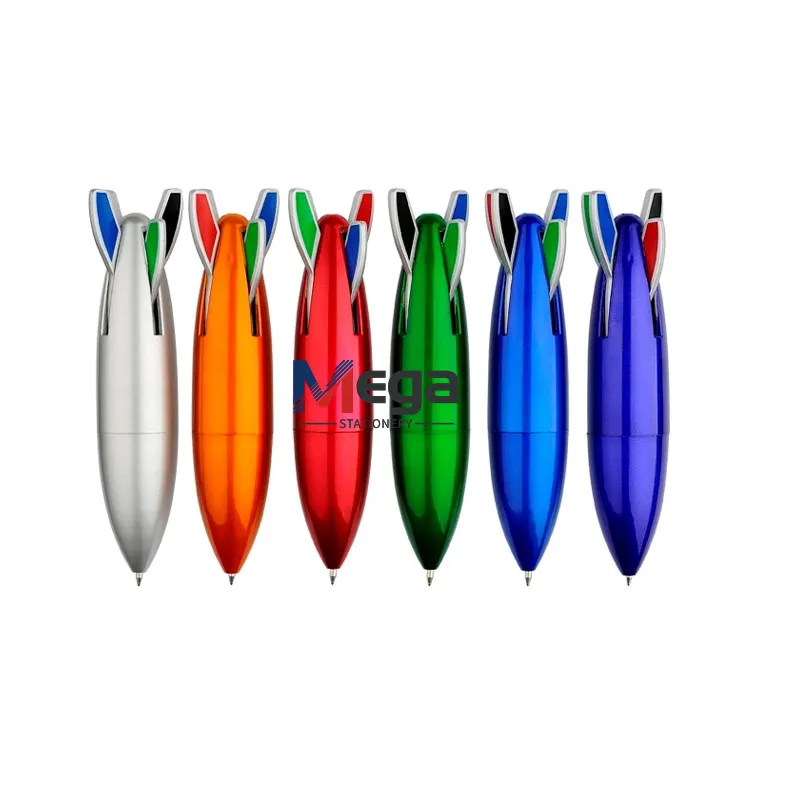 Bolígrafo MEGA promocional de 4 colores con forma de cohete y logotipo personalizado